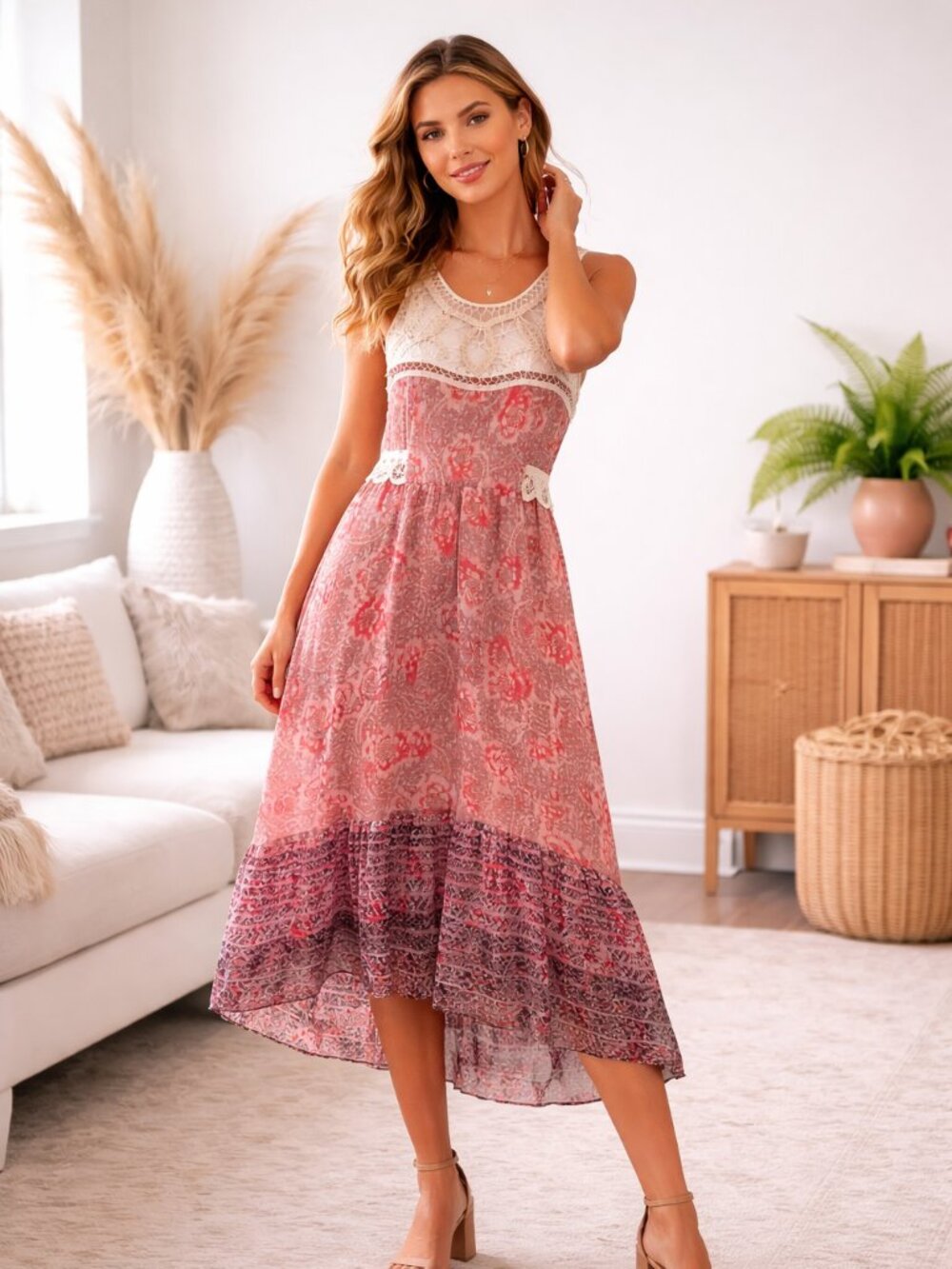 Free People Native Rose Boho Pink Floral Festival Crochet High-Low Dress‎ Sz 4
